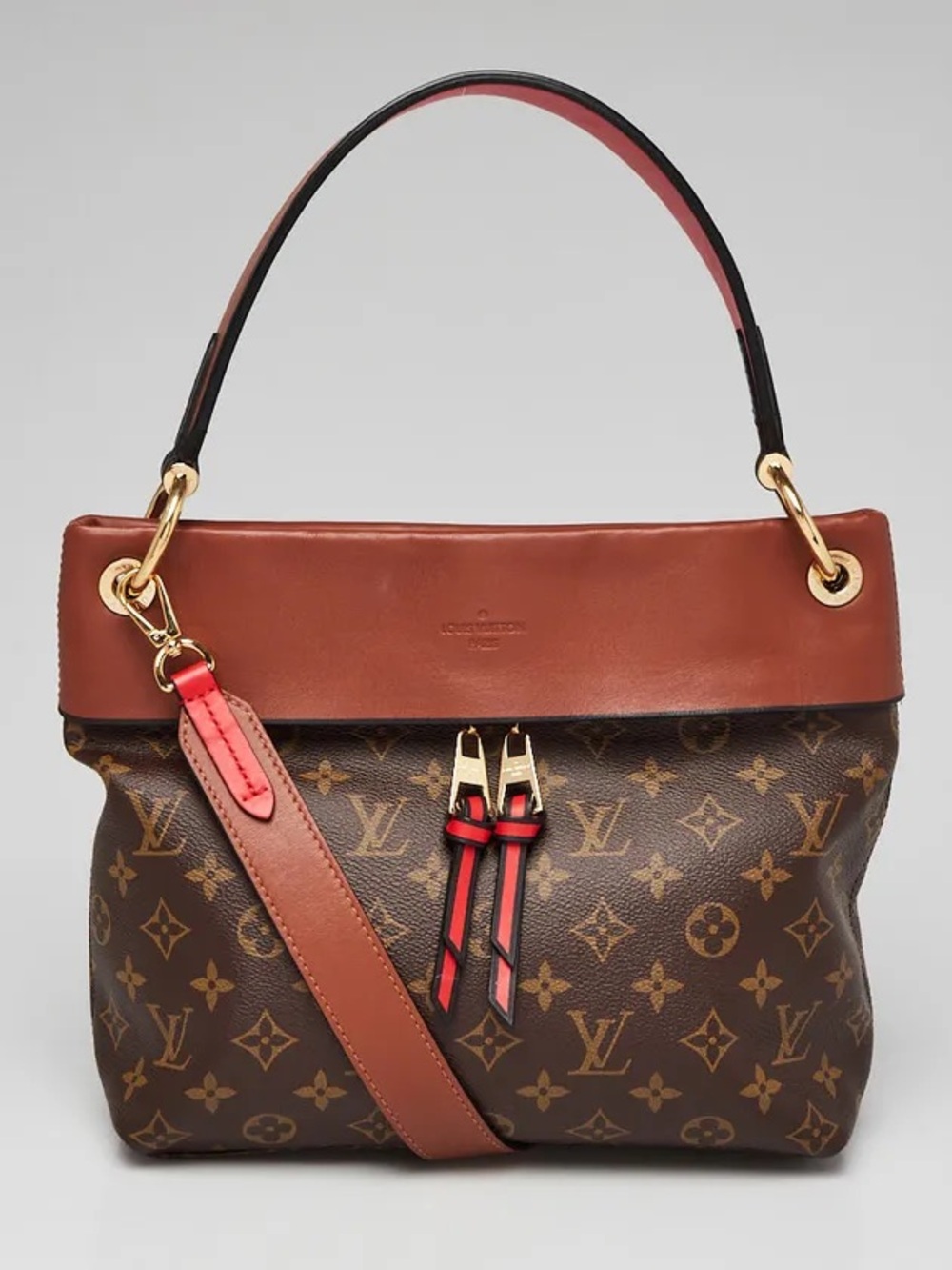 Louis Vuitton Brown Monogram Canvas Shoulder Bag with Red Trim and Tan Top
